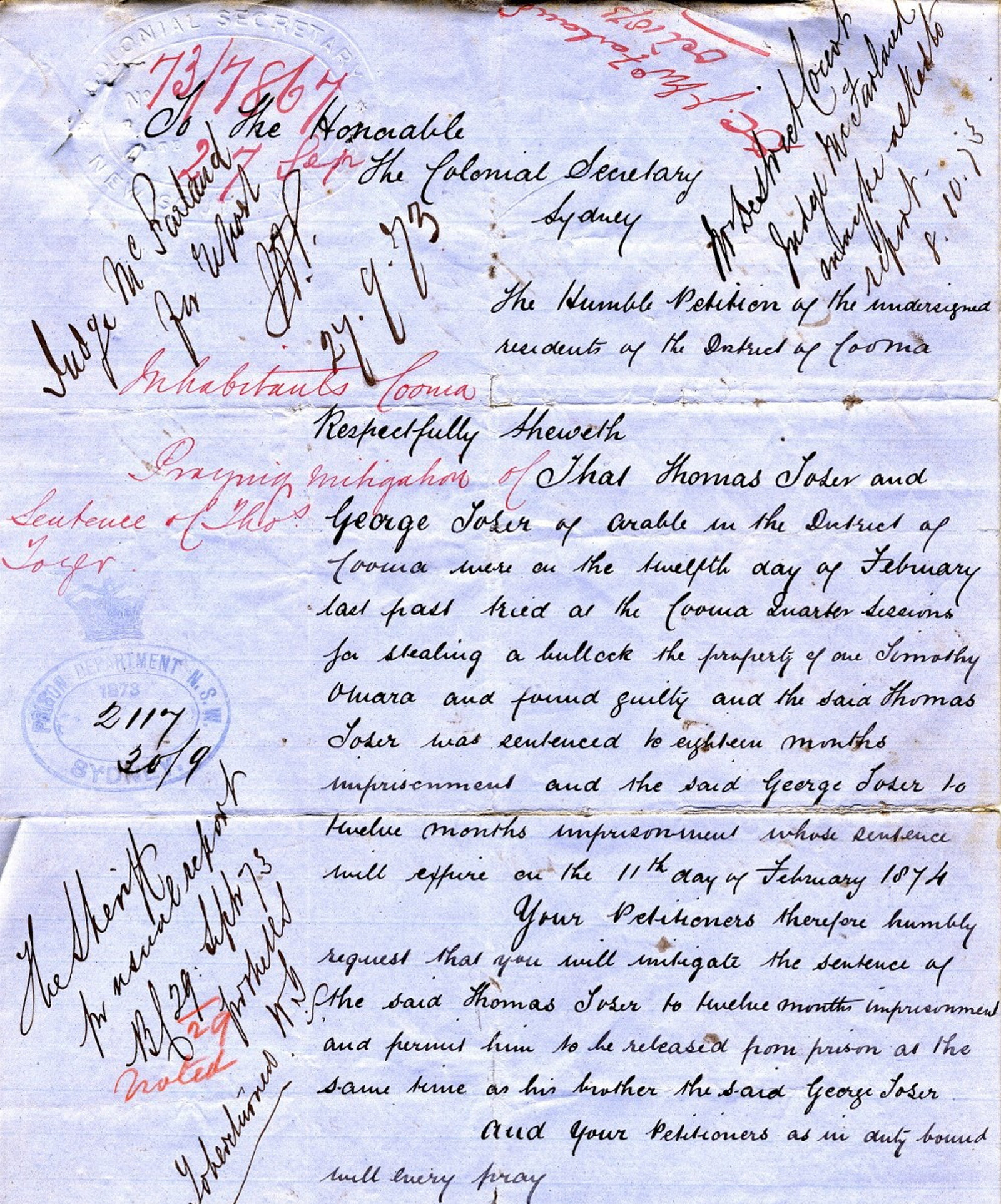 Page 1 of a petition to the Colonial Secretary NRS 905 1-2231 letter 73-7867 for the mitigation of the gaol sentence of Thomas Toser, previously convicted of stealing a bullock from Timothy O'Mara in 1873. Three pages of signatures include Dalgety