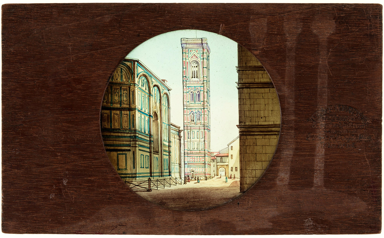 A timber framed, circular glass, static lantern slide featuring a hand painted scene of Florence.