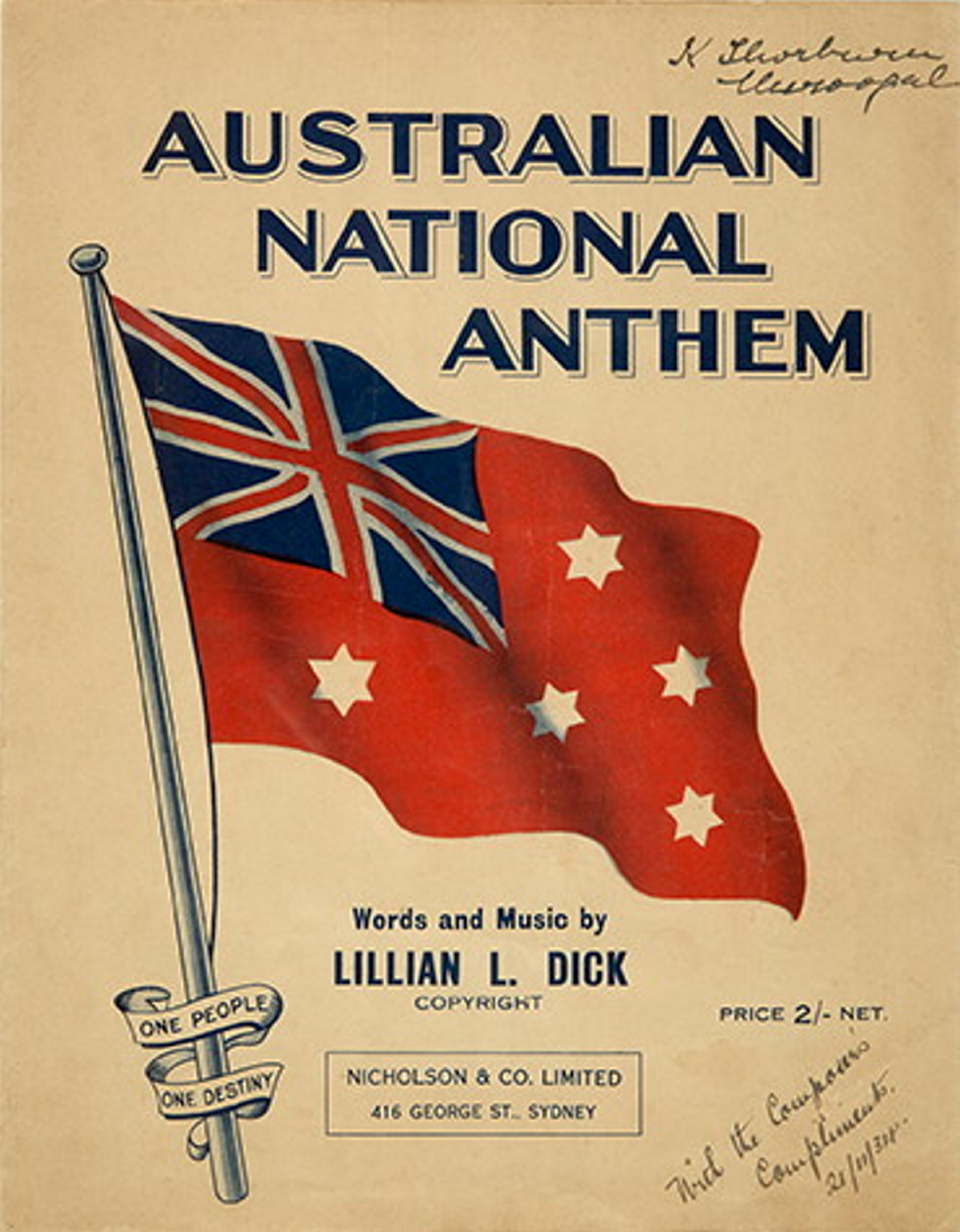 The red ensign version of the Australian flag on cover of sheet music book.