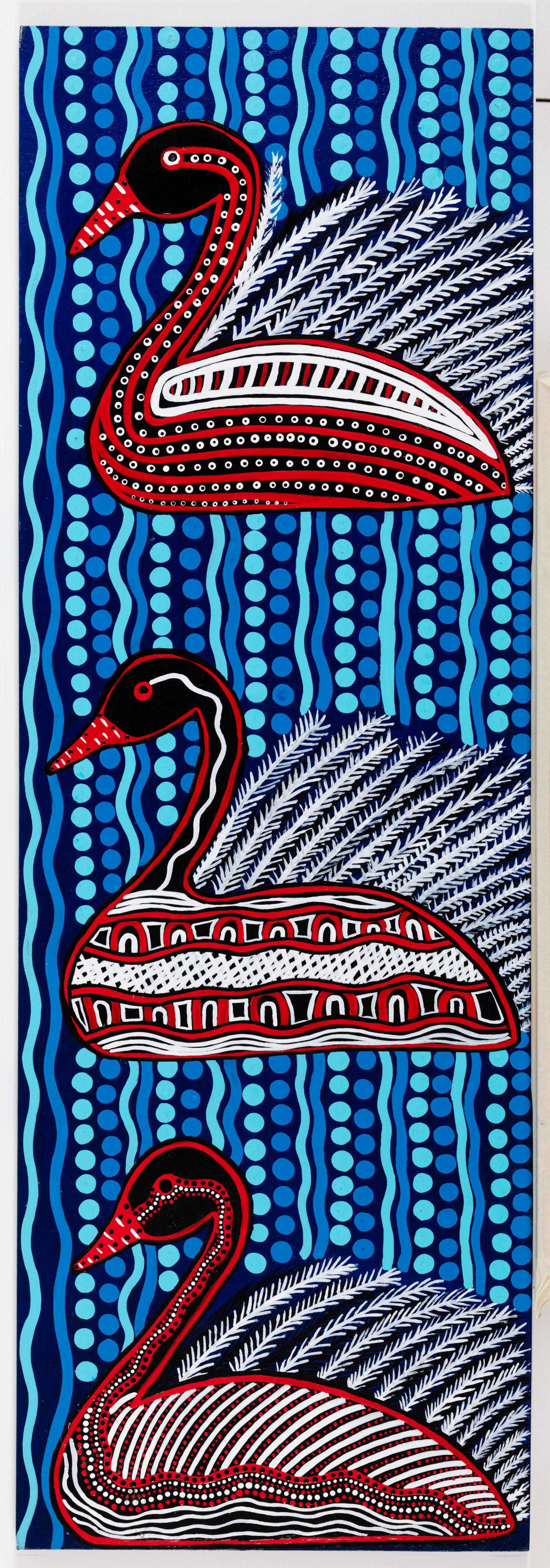 Swans of Coomaditchie Lagoon, Allison Day, 2022, acrylic on plywood board, 122.5cm x 41cm
Beautiful, graceful birds of our Lagoon and Dreaming.