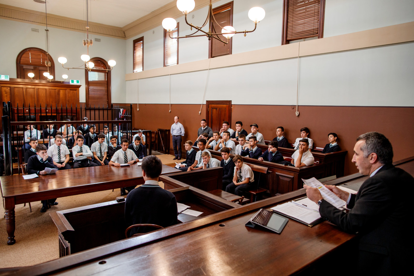 Students participating in A Trial Run at the Justice & Police Museum