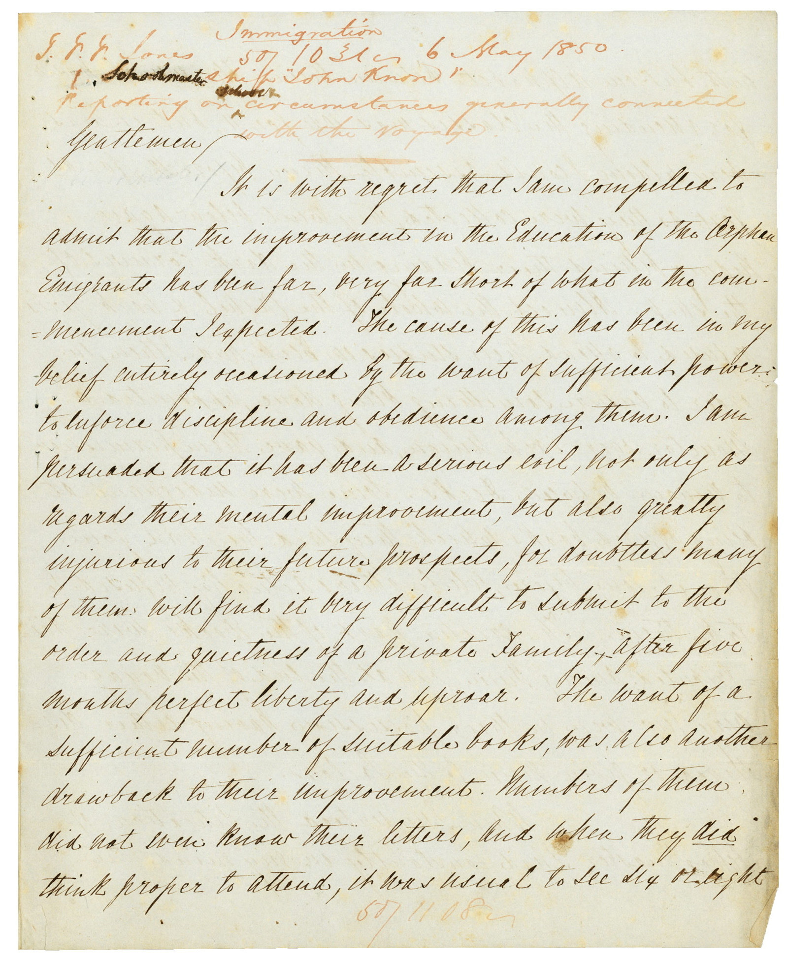 Letter from T F F Jones, schoolmaster on the immigrant ship John Knox, 6 May 1850