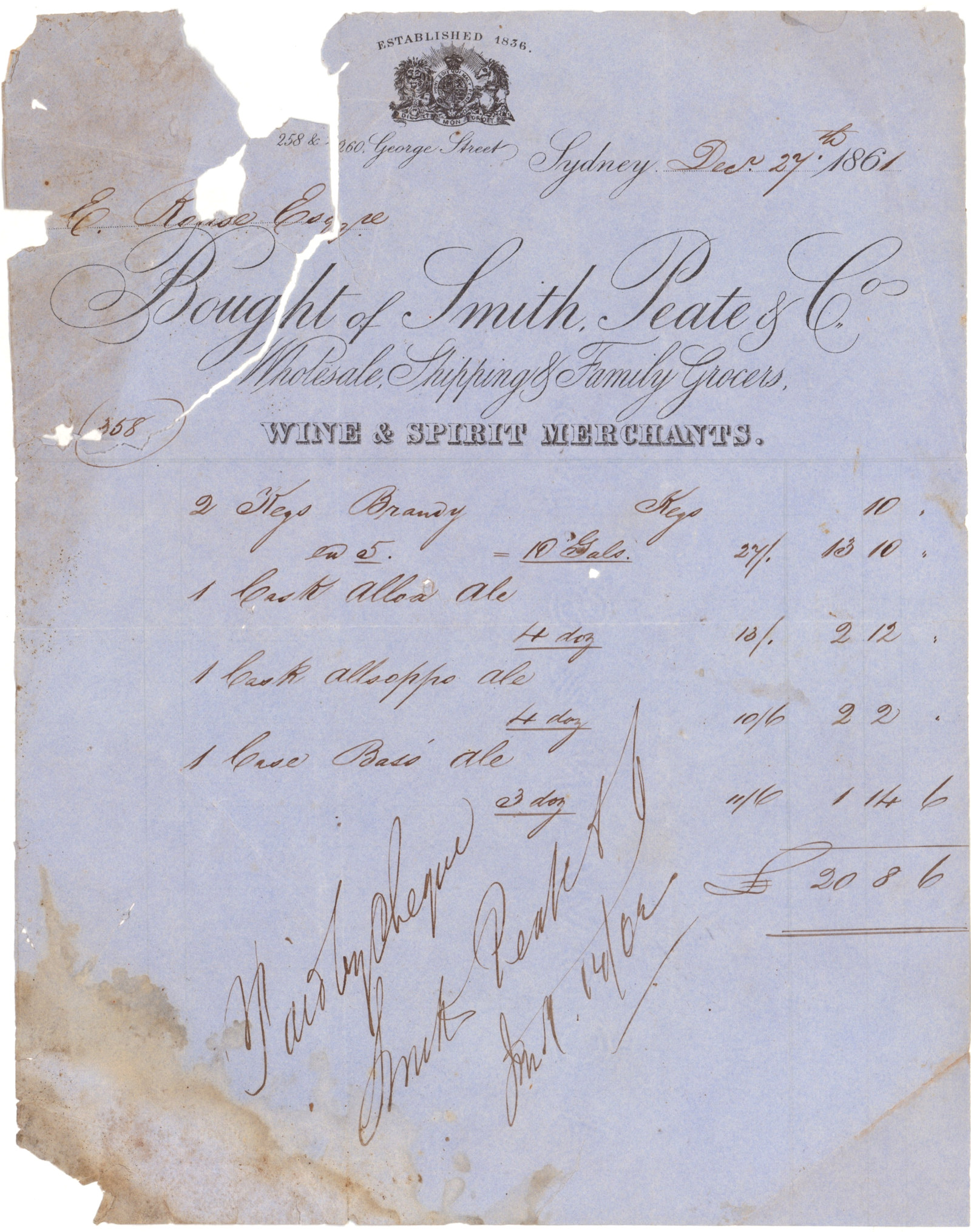 Receipt from Smith, Peate & Co., Wholesale, Shipping & Family Grocers, Wine & Spirit Merchants, 1861