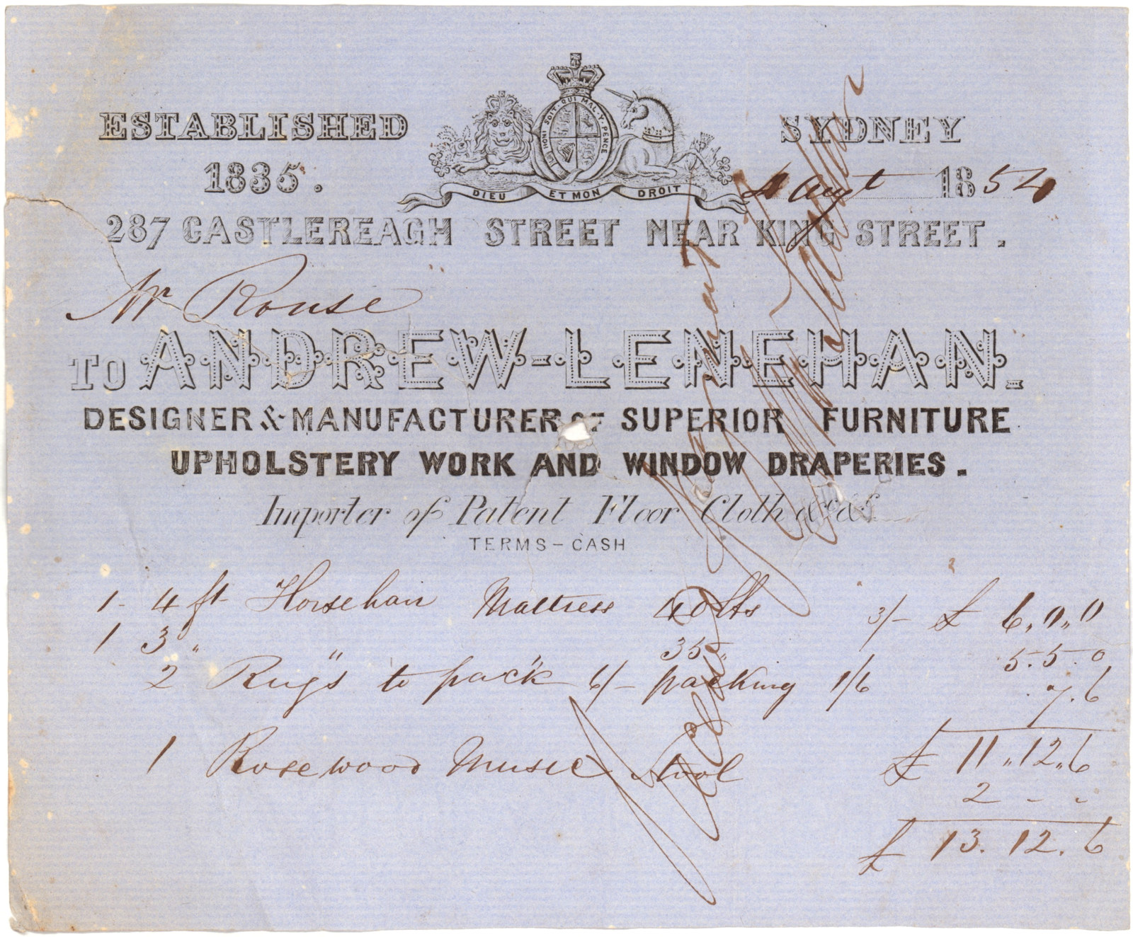 Receipt from Andrew Lenehan, Designer & Manufacturer of Superior Furniture, 1852