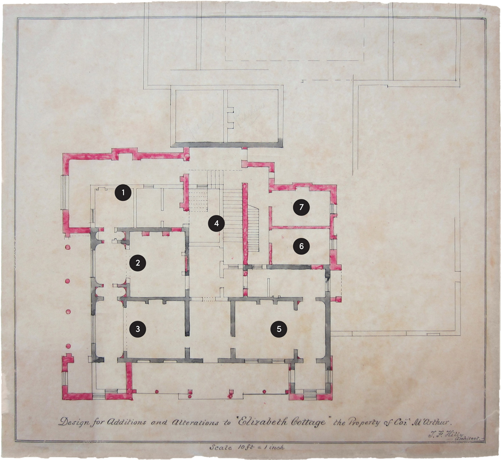 Design-for-additions-and-alterations-to-Elizabeth-Cottage_J-F-Hilly_plan-1-ground-floor-overlaid-on-original_numbered-black.jpg