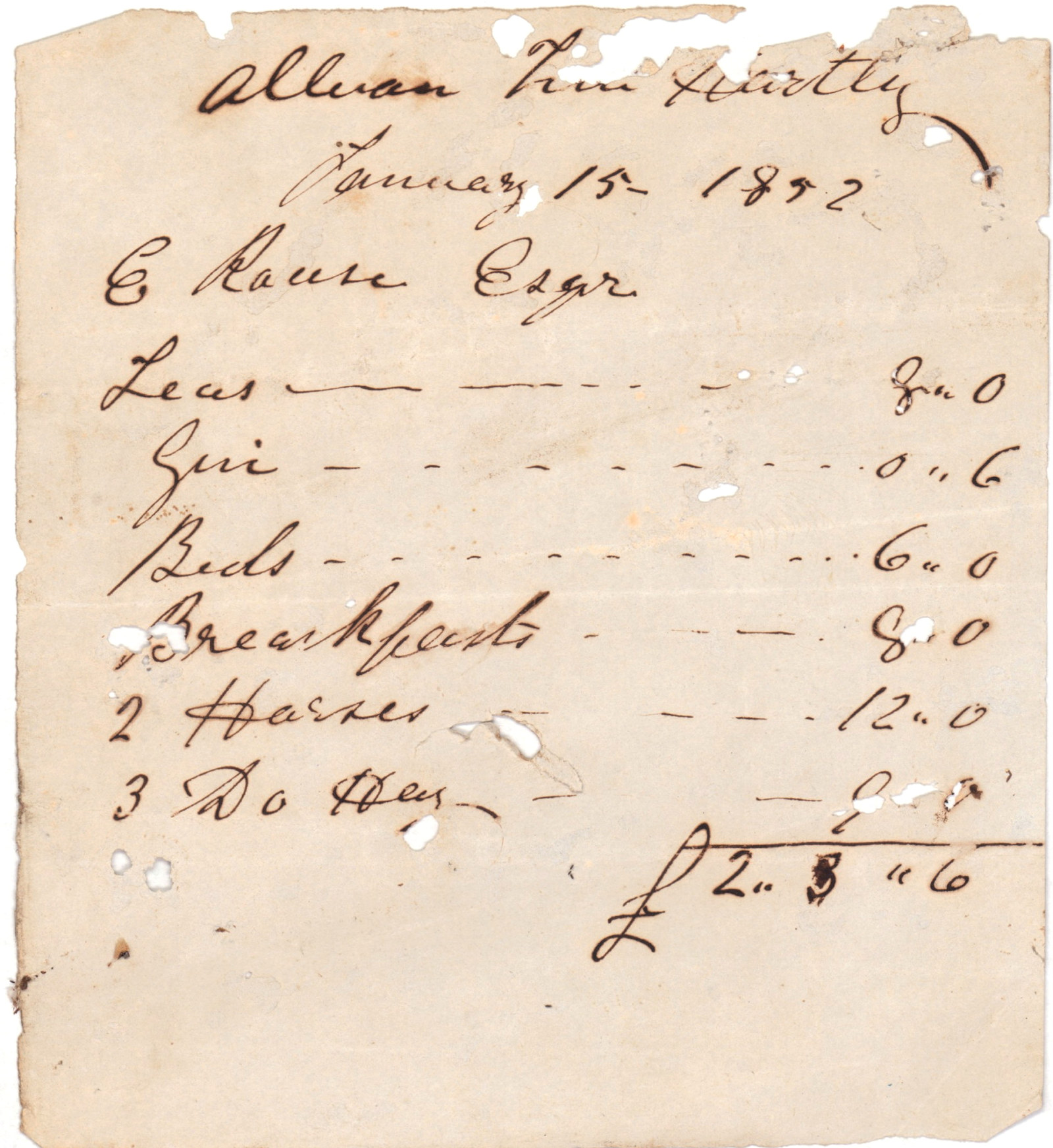 Invoice to E Rouse Esqr, 1852