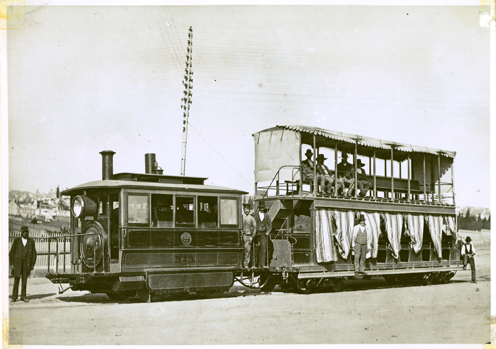 Steam tram showing motor and trailer car