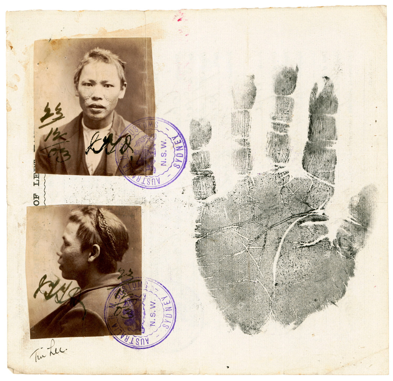 Tin Lee certificate of domicile, incorporating two photographs and left hand impression