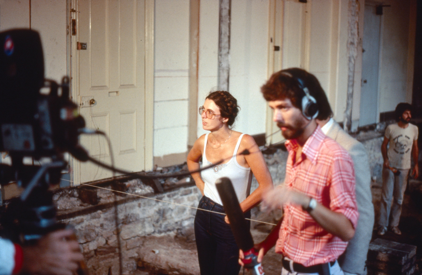 Excavation director Patricia Burritt doing a television interview on the ground floor of Hyde Park Barracks, 1981.