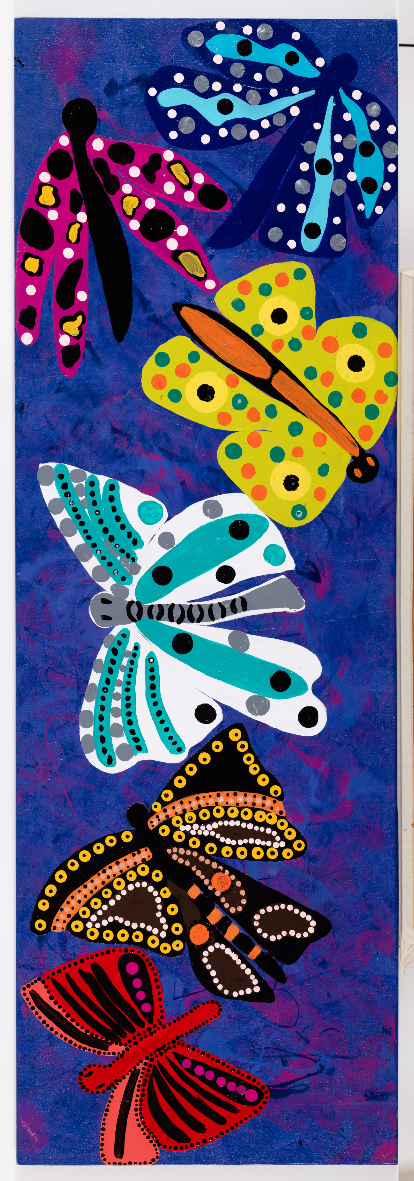 Butterflies, Lorraine Brown and Narelle Thomas, 2022, acrylic on plywood board, 122.5cm x 41cm
We connect our butterflies now with one of the local Dreaming Stories ‘Birth Of The Butterflies’. We have created the beautiful colours of ‘The Butterfly Dreaming Story'.