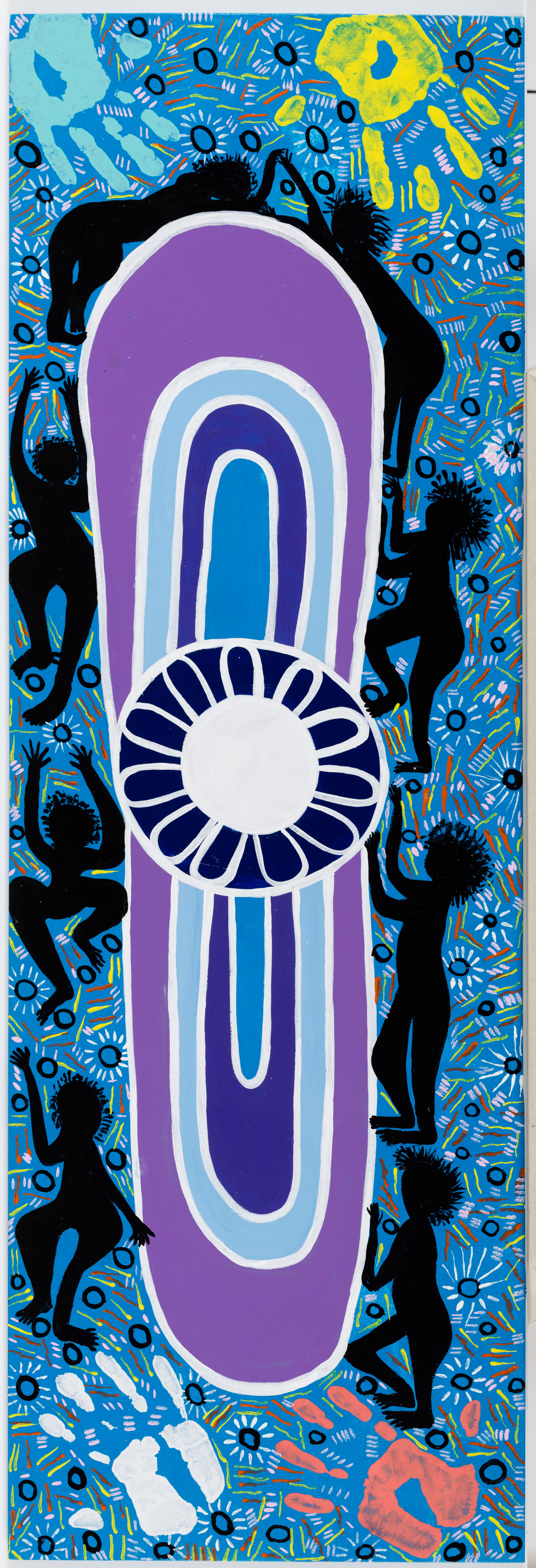 Community, Lorraine Brown and Narelle Thomas, 2022, acrylic on plywood board, 122.5cm x 41cm
Design shows community. The beautiful specks of colour representing Life and the People of Coomie Community.