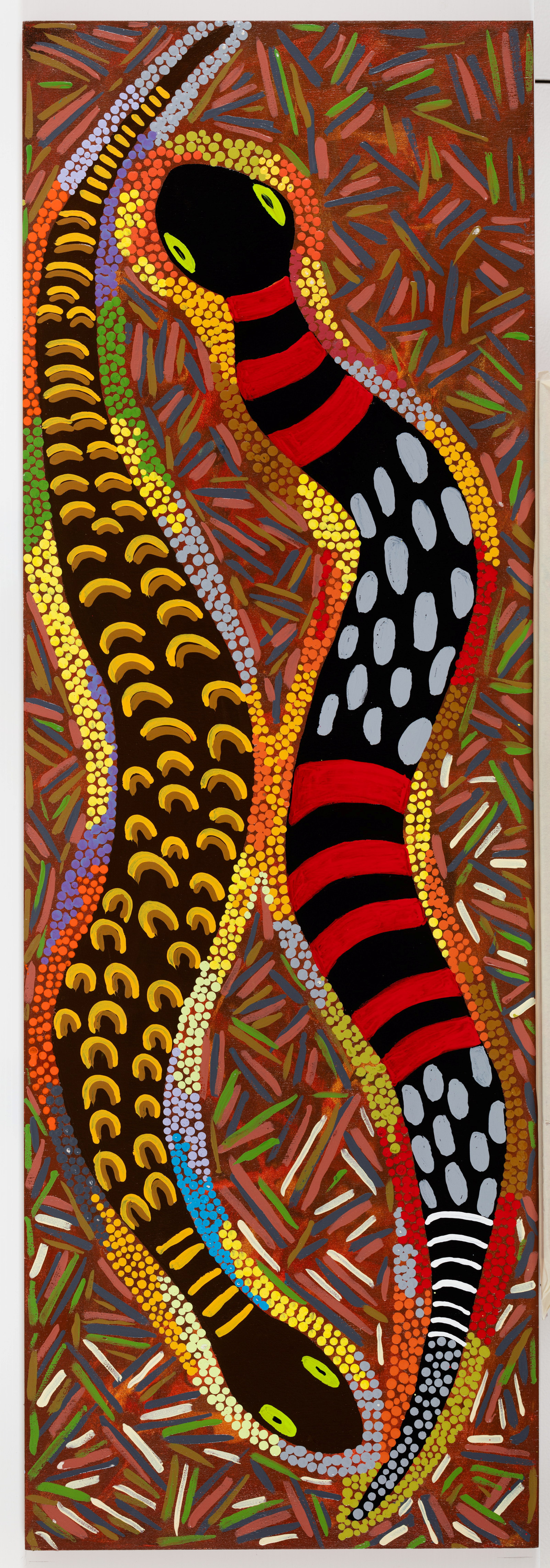 Black snake, brown snake, Lorraine Brown and Narelle Thomas, 2022, acrylic on plywood board, 122.5cm x 41cm
(Birds and Animals of Coomaditchie Lagoon.) They’re on the edges of the Lagoon. In the bush side and in and around Coomaditchie Mission