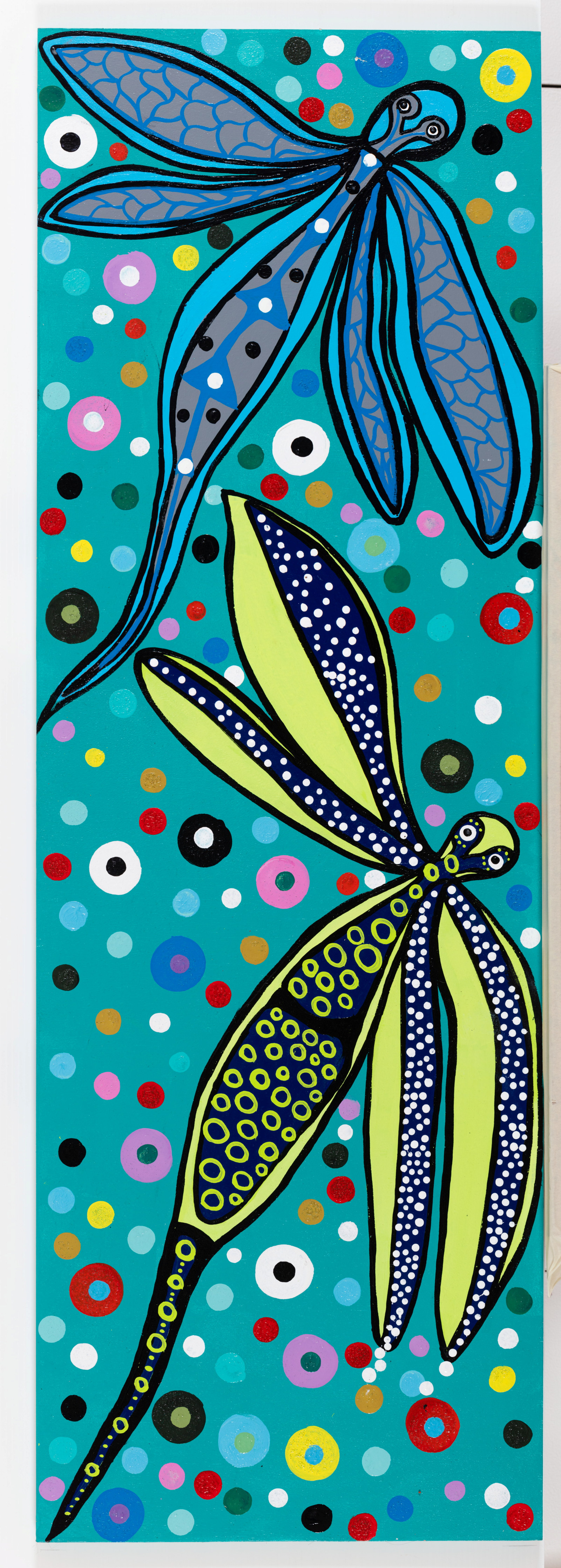 Dragonfly, Lorraine Brown and Narelle Thomas, 2022, acrylic on plywood board, 122.5cm x 41cm 
Coomie Lagoon hovering creatures. Always a part of the Lagoon life.