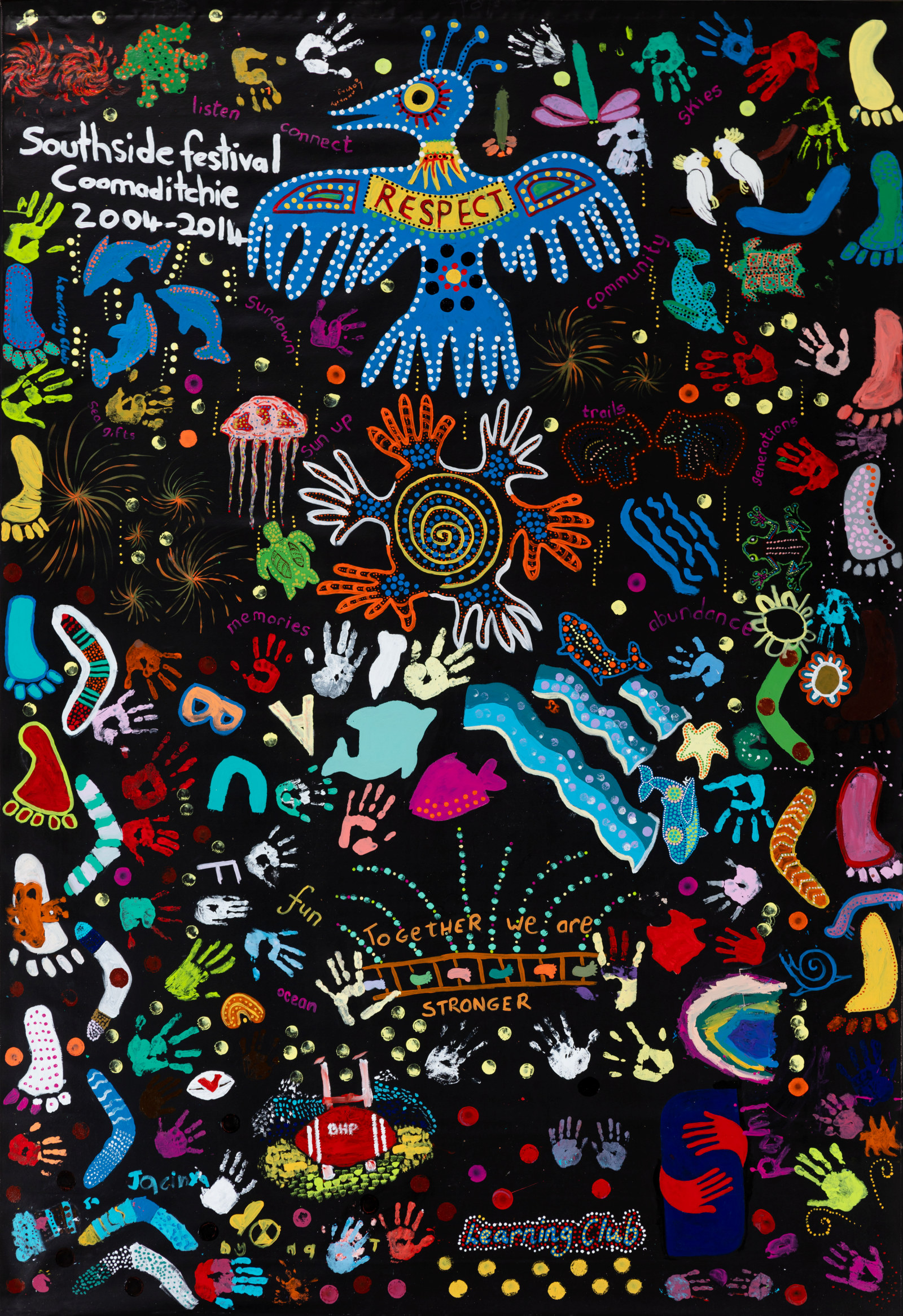 The first three decades (decade 2), Coomaditchie artists and community members, 2022, acrylic on unstretched canvas, 307.5cm x 213.5cm. 
Coomaditchie United Aboriginal Corporation