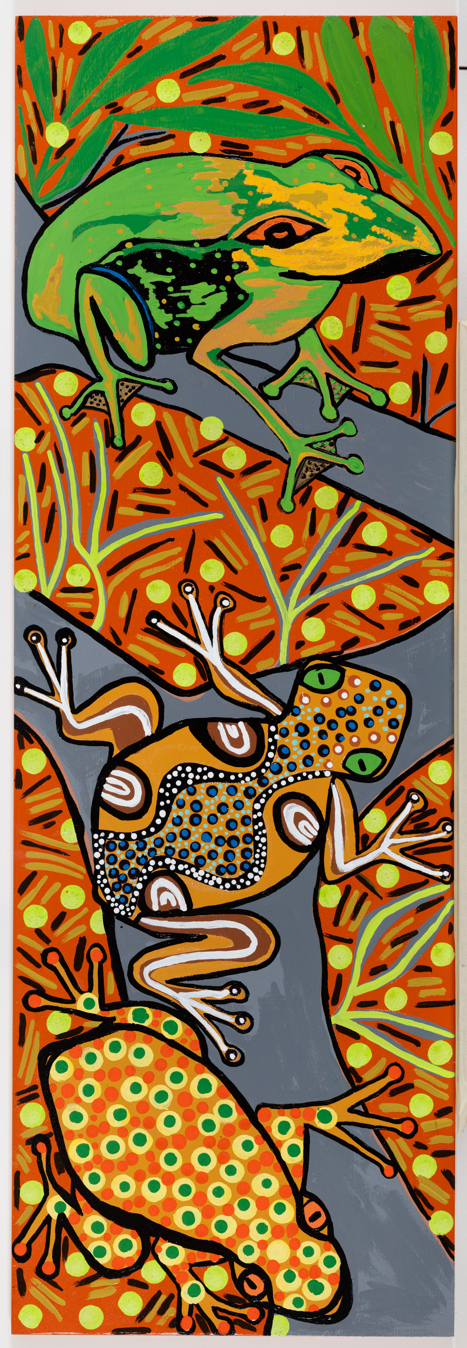 Frog Dreaming at Coomie Lagoon, Lorraine Brown and Narelle Thomas, 2022, acrylic on plywood board, 122.5cm x 41cm
At Coomie Lagoon the song of the frogs was blistering loud especially in the early days. But now you will very rarely hear one. What does that say about climate change and other environmental issues that cause change?