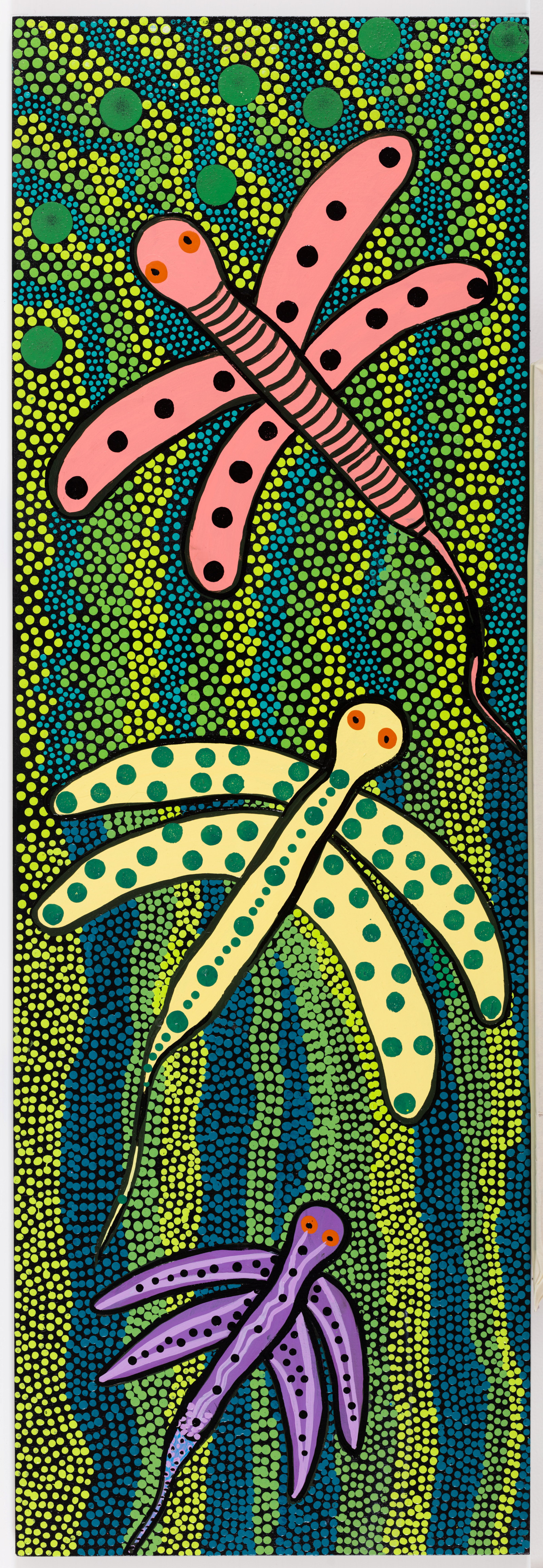 Dragonflies, Meahala Langlo-Brown, 2022, acrylic on plywood board, 122.5cm x 41cm
Dragonflies are a daily part of Coomaditchie Lagoon.