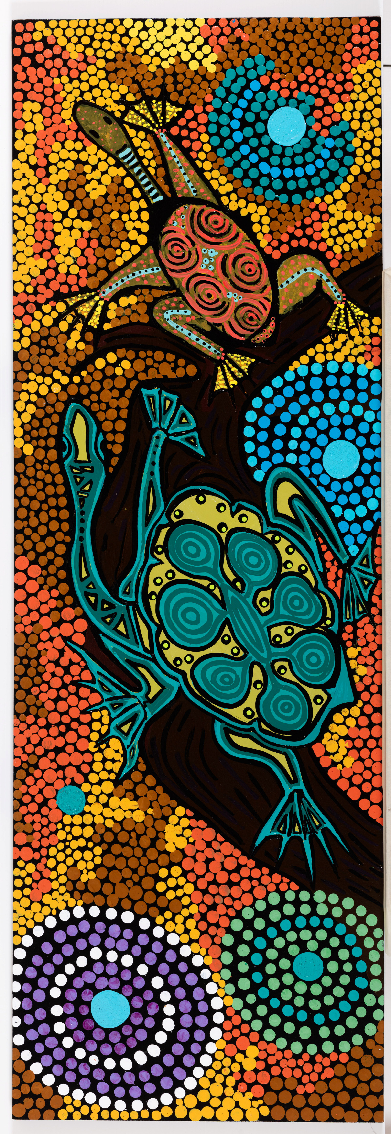 Long-necks, Lorraine Brown and Narelle Thomas, 2022, acrylic on plywood board, 122.5cm x 41cm
The eastern long-necked turtles are and always were a part of Coomaditchie Lagoon. Many re-births have occurred over many years. At times we had to carry the babies back to the Lagoon after they were born in our soil heaps up in our veggie gardens.