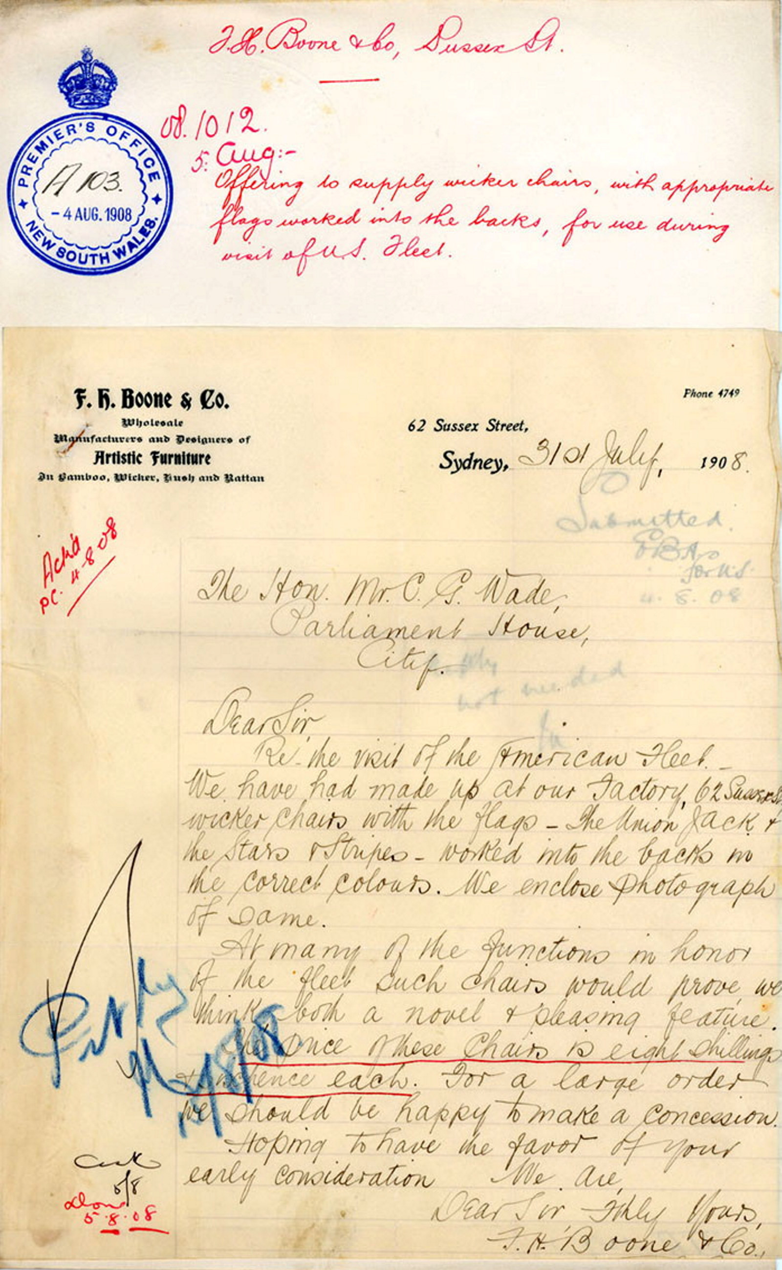 Correspondence re supplying chairs to the American Fleet during their visit NRS 905 [5/6990]