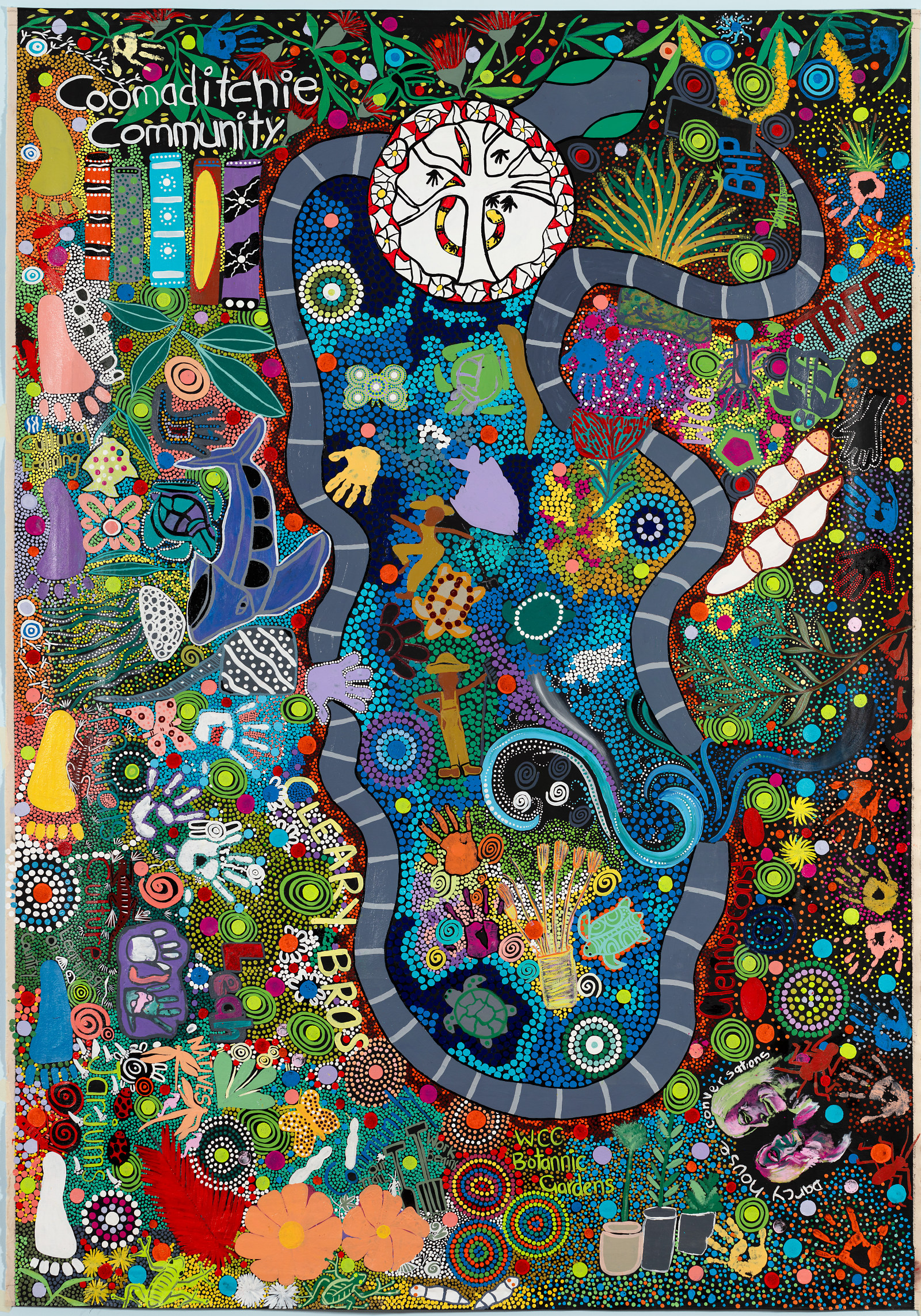 The first three decades (decade 1), Coomaditchie artists and community members, 2022, acrylic on unstretched canvas, 303cm x 213.5cm.
Coomaditchie United Aboriginal Corporation