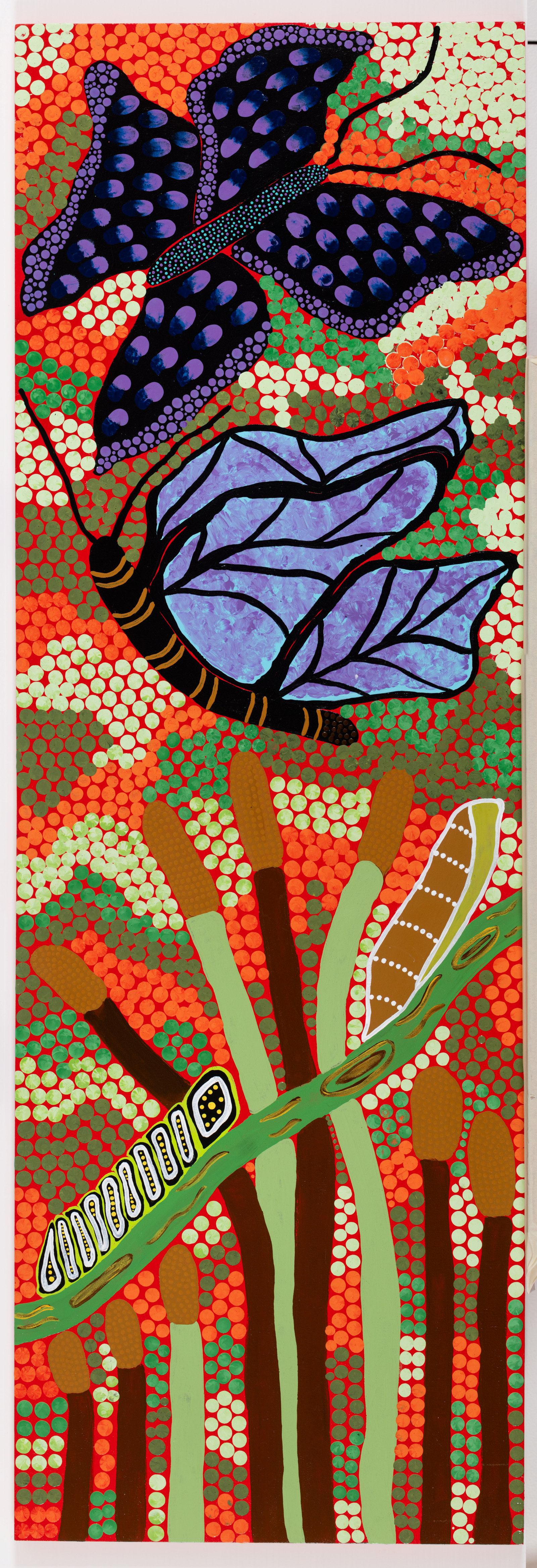 Butterflies of the lagoon, Kristy (Lil) Thomas, Selai Storer and Kanisha Storer, 2022, acrylic on plywood board, 122.5cm x 41cm
Our beautiful butterflies congregate around the lagoon, hiding amongst the cumbungi. Cumbungi has been used for thousands of years and is an excellent source of fibre. 
[The butterflies] are known as the keeper of magic.
