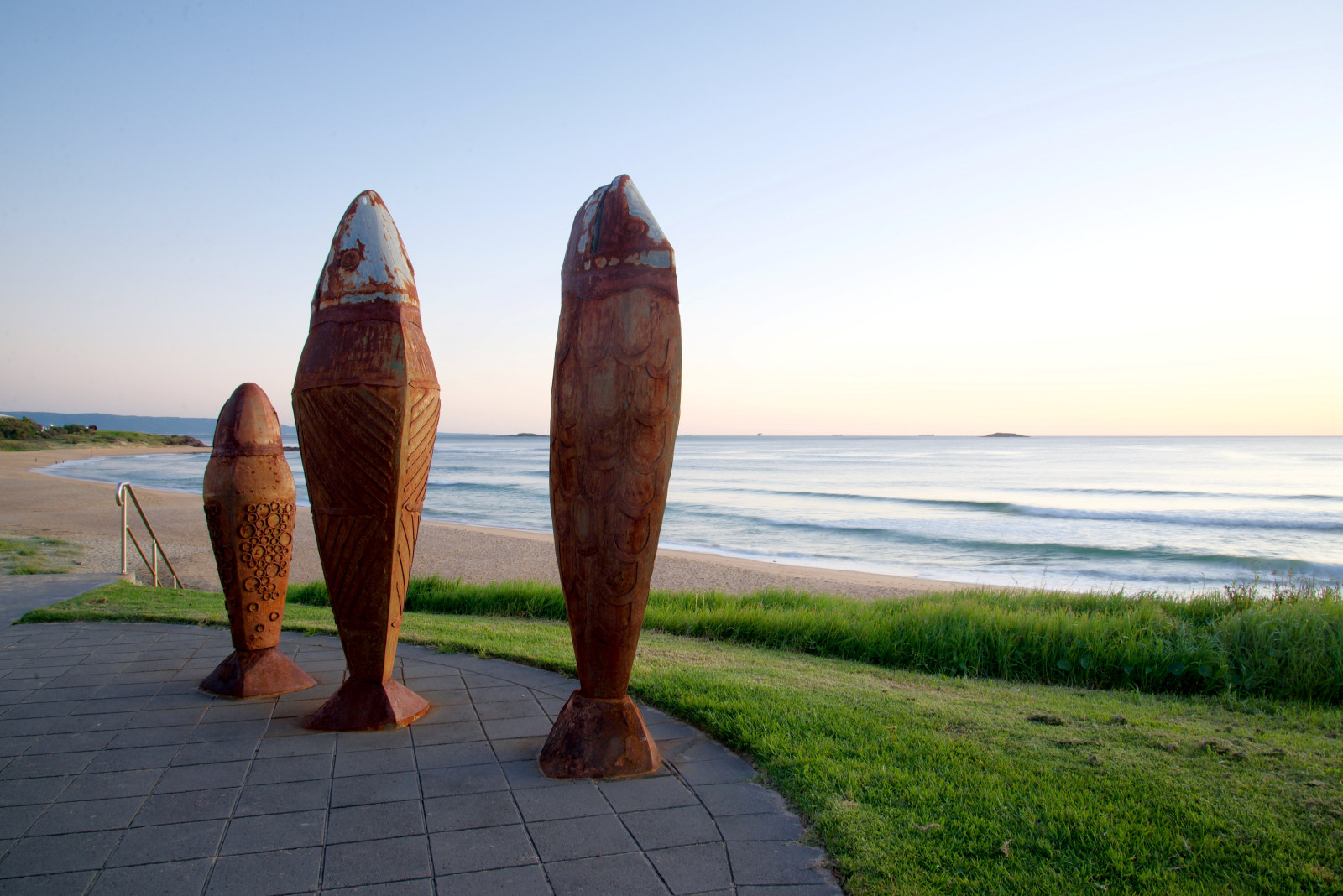 Fish sculptures (sunset), MM Beach, Port Kembla