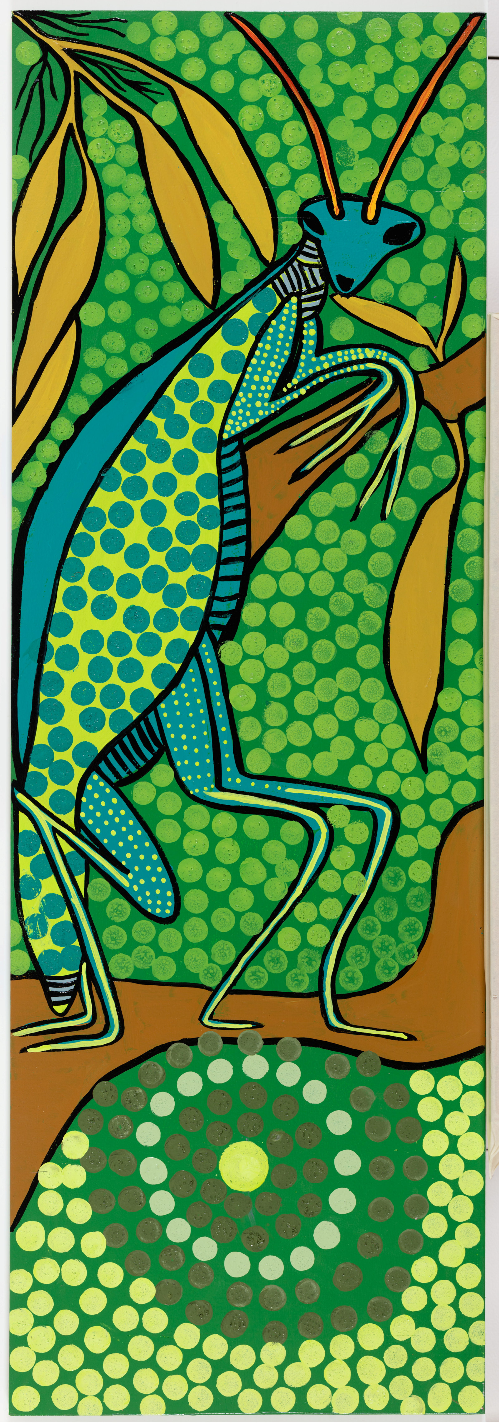 The praying mantis, Lorraine Brown and Narelle Thomas, 2022, acrylic on plywood board, 122.5cm x 41cm
One of the hidden stick figures of the lagoon. He can camouflage his body for protection.