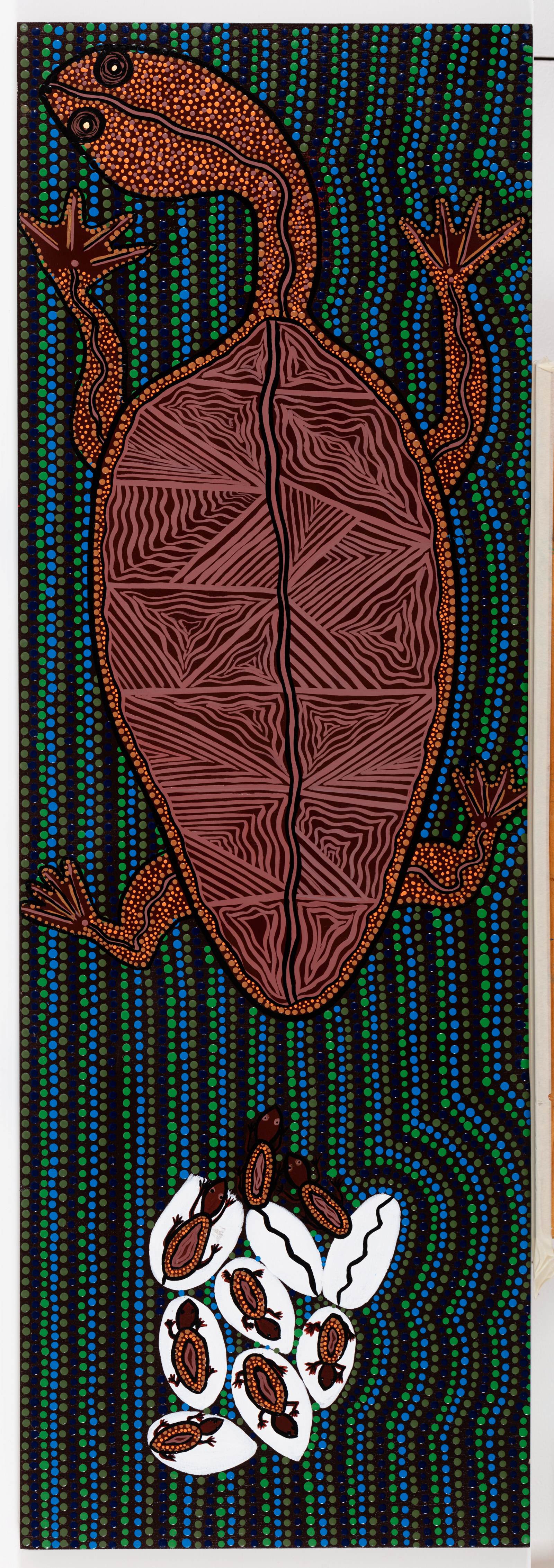 Turtle hatching season, Dereke Brown and Allison Day, 2022, acrylic on plywood board, 122.5cm x 41cm
This is the start of new life. When we were young, our father taught us how to track turtles and discover their eggs in the sandhills of Coomaditchie Lagoon. These are special memories with our father and his teachings.