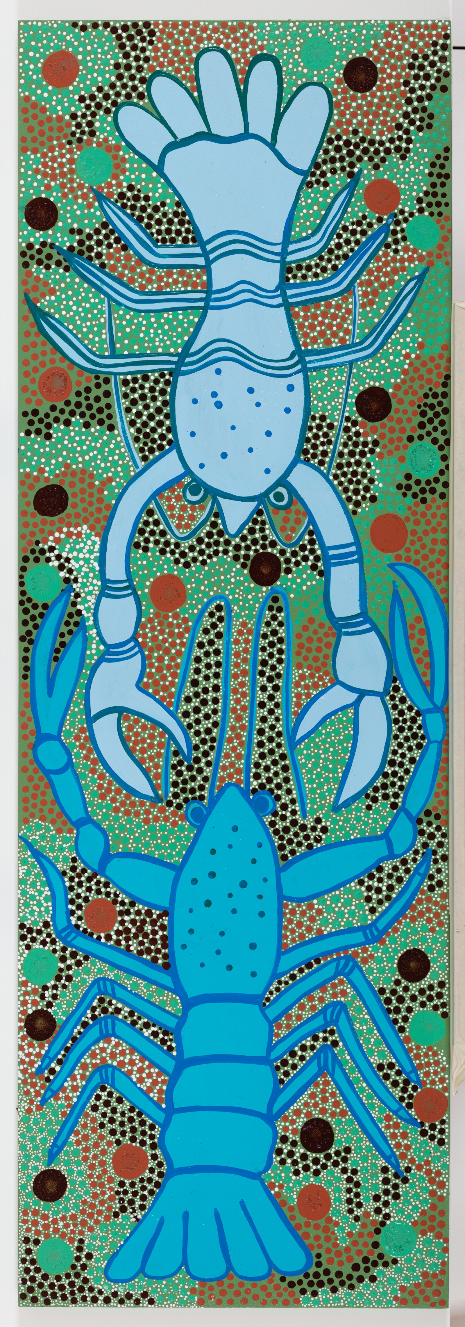 Yabby, Meahala Langlo-Brown, 2023, acrylic on plywood board, 122.5cm x 41cm
Newcomers to our lagoon were not there until a couple of years ago. Discovered by our kids.