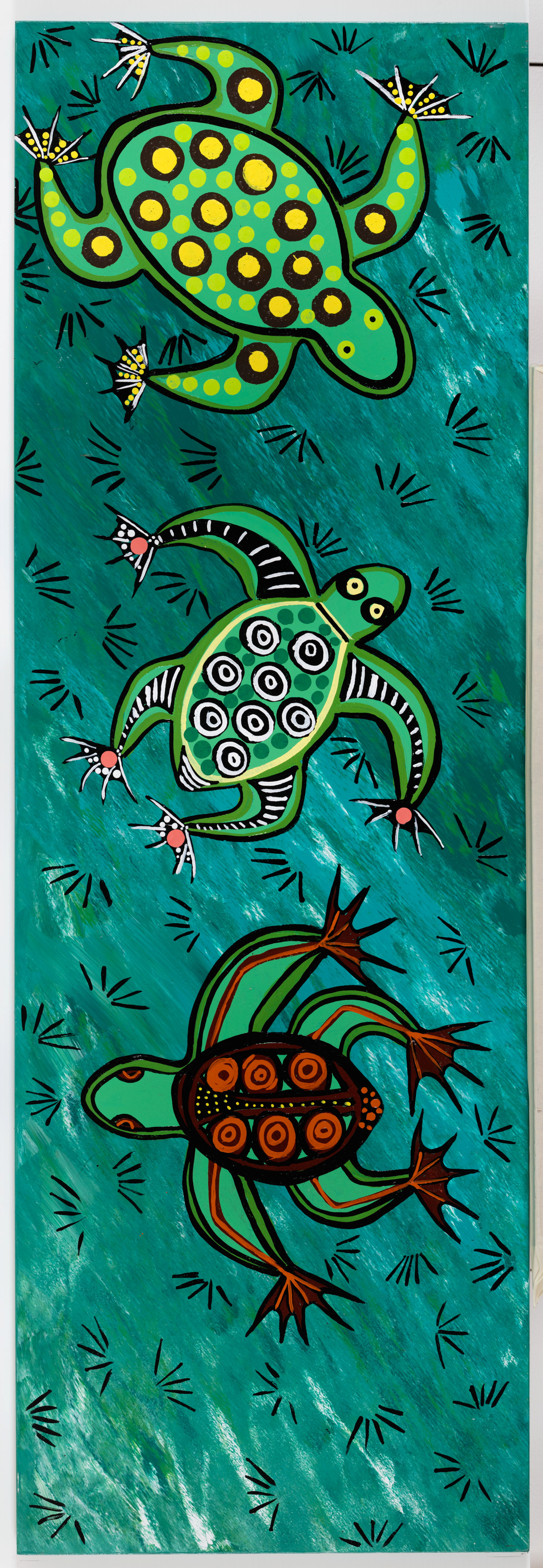 Swampies, Jessica Mook-Brown, 2022, acrylic on plywood board, 122.5cm x 41cm
Swamp Turtles of the lagoon.