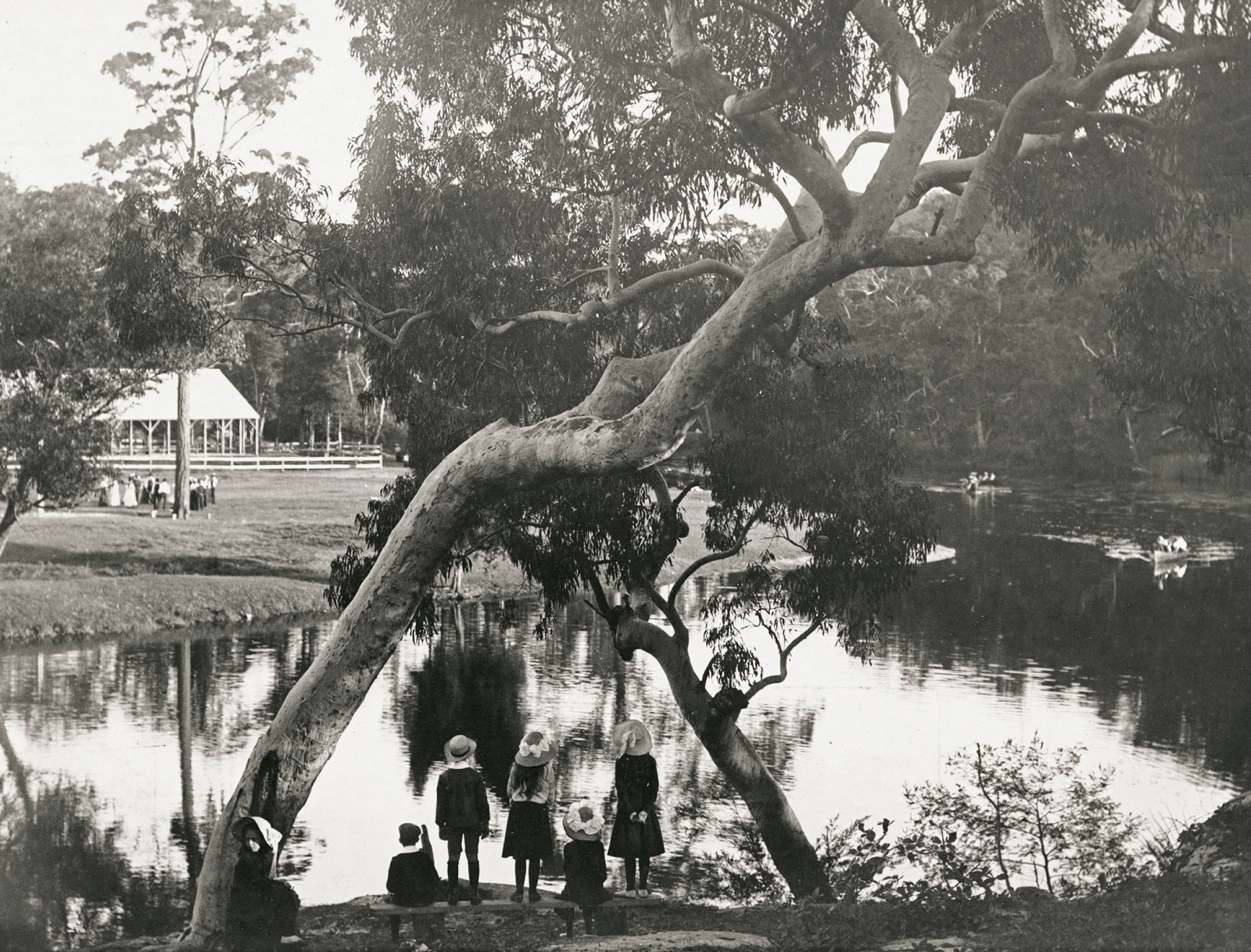 A group of children stand beneath a large gum tree. The flat waters of a river stretch out in the background with a small row boast approaching.