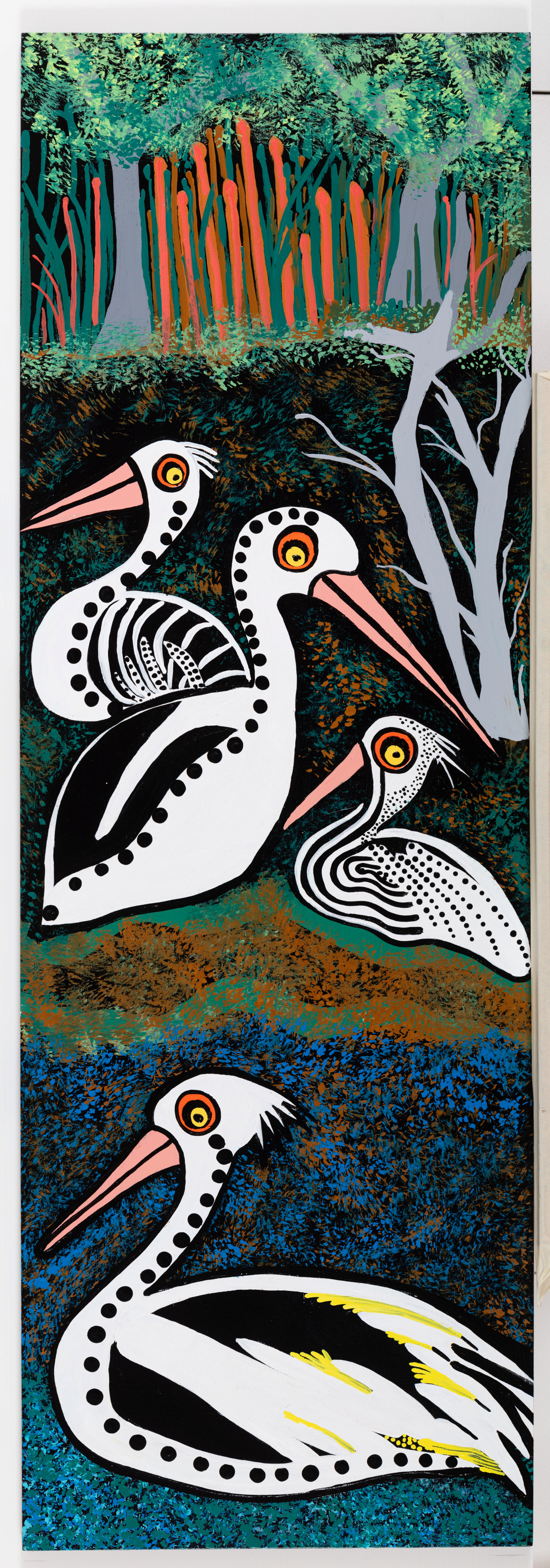 Pelican Island, Lorraine Brown and Narelle Thomas, 2022, acrylic on plywood board, 122.5cm x 41cm
The Island is very significant to our pelicans. They perch here every day.